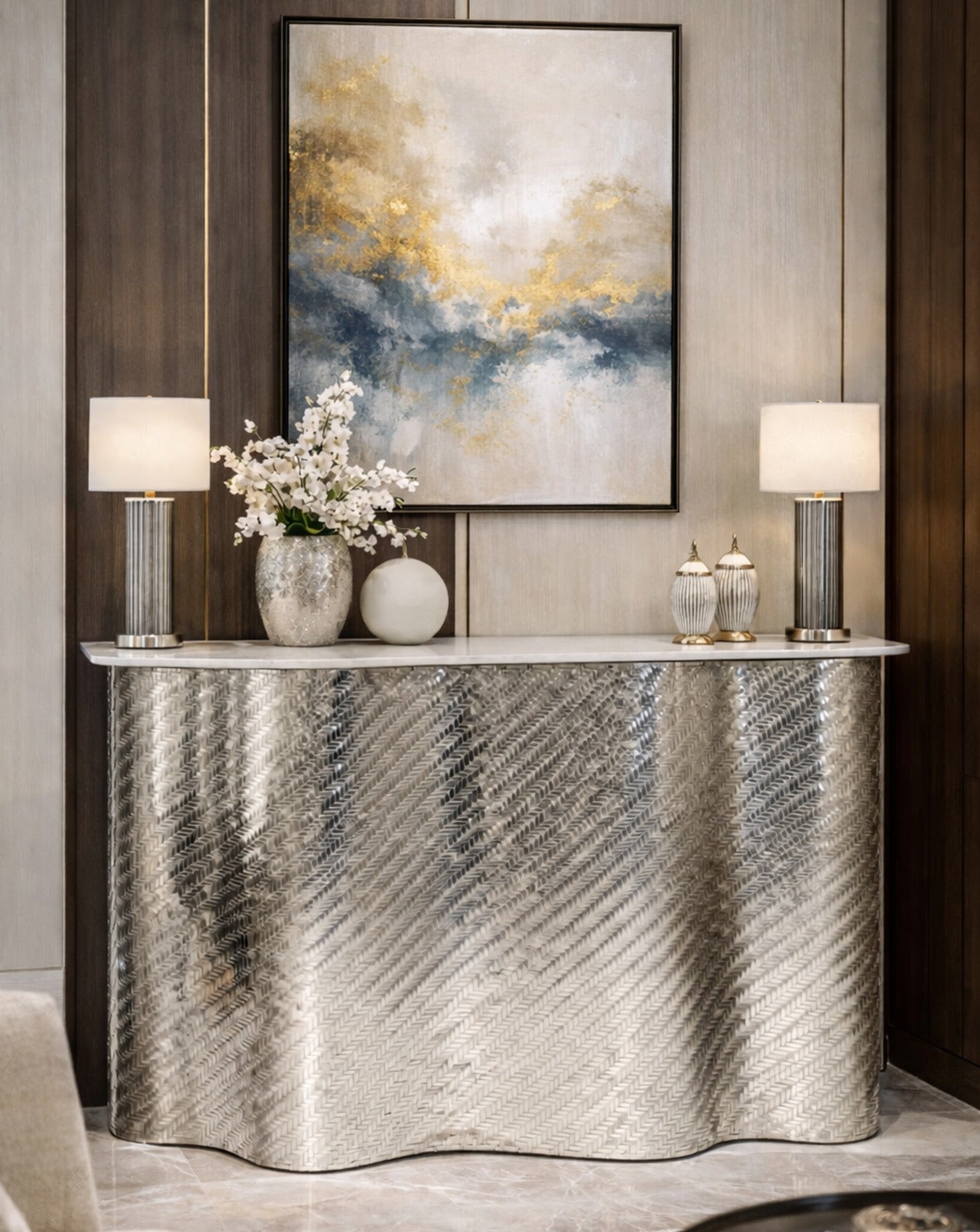 Meuble-bar en tissu argenté et chrome SS